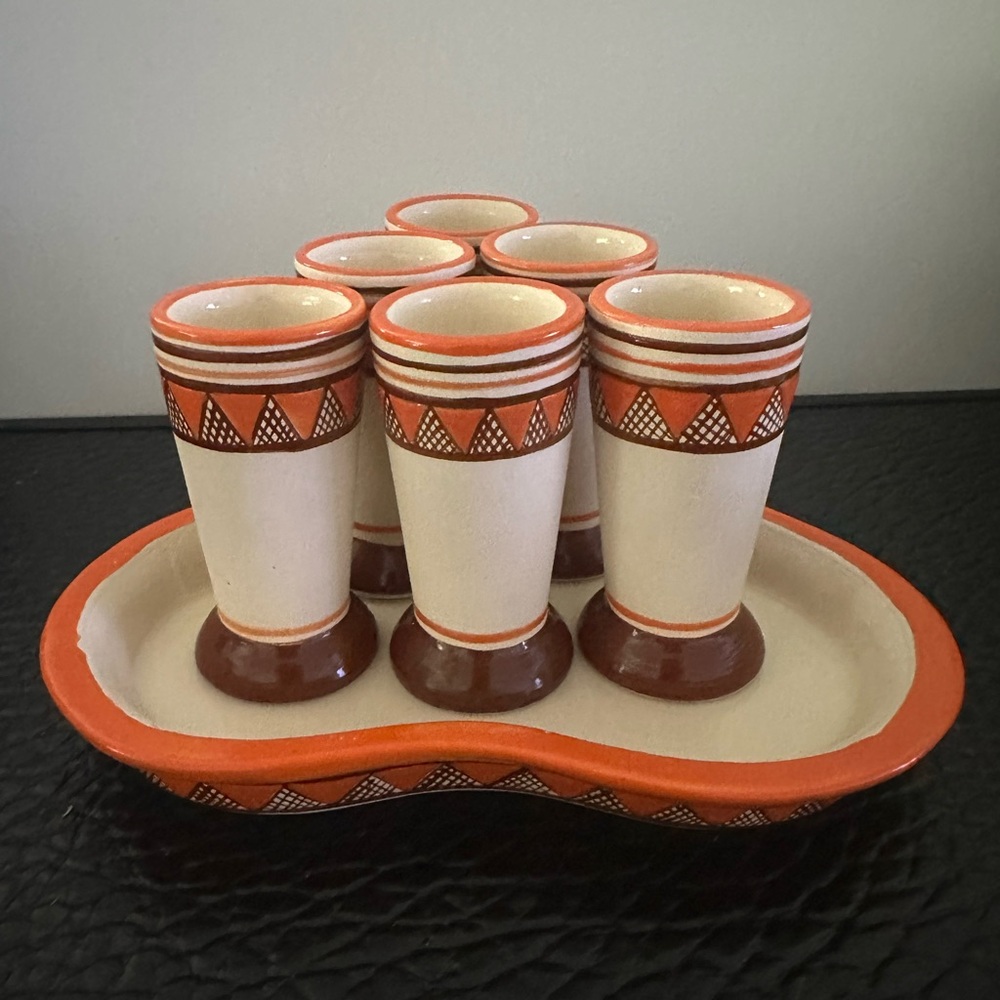 Hand-Painted Ceramic Shot Glass Set with Tray - Orange and Brown